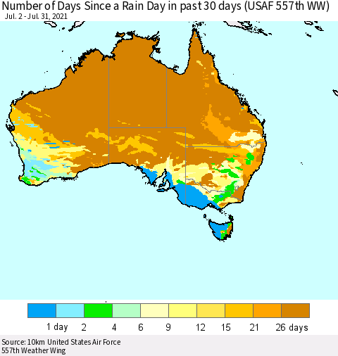 Australia Number of Days Since a Rain Day in past 30 days (USAF 557th WW) Thematic Map For 7/26/2021 - 7/31/2021