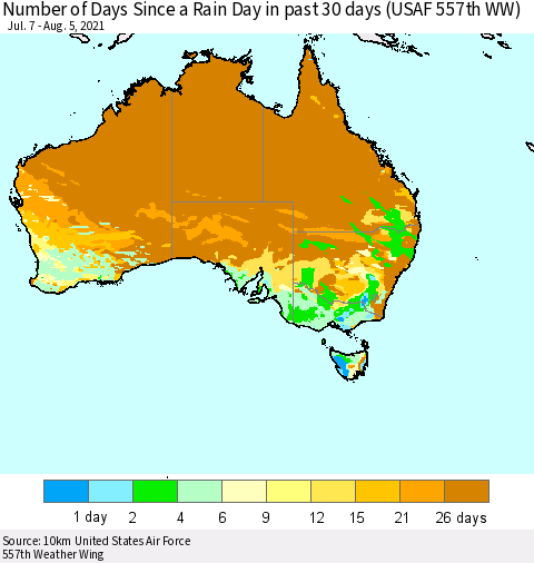 Australia Number of Days Since a Rain Day in past 30 days (USAF 557th WW) Thematic Map For 8/1/2021 - 8/5/2021