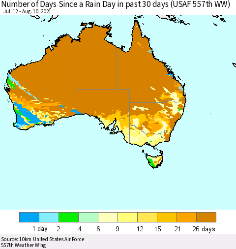 Australia Number of Days Since a Rain Day in past 30 days (USAF 557th WW) Thematic Map For 8/6/2021 - 8/10/2021