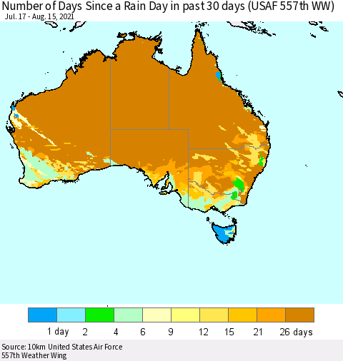 Australia Number of Days Since a Rain Day in past 30 days (USAF 557th WW) Thematic Map For 8/11/2021 - 8/15/2021