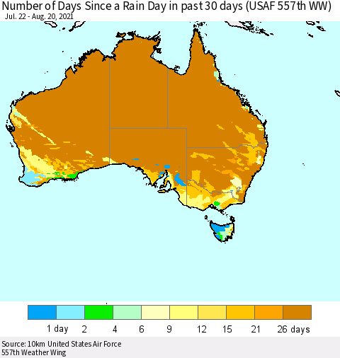 Australia Number of Days Since a Rain Day in past 30 days (USAF 557th WW) Thematic Map For 8/16/2021 - 8/20/2021