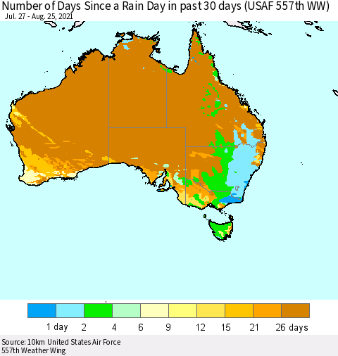 Australia Number of Days Since a Rain Day in past 30 days (USAF 557th WW) Thematic Map For 8/21/2021 - 8/25/2021