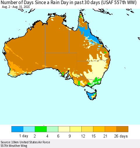 Australia Number of Days Since a Rain Day in past 30 days (USAF 557th WW) Thematic Map For 8/26/2021 - 8/31/2021