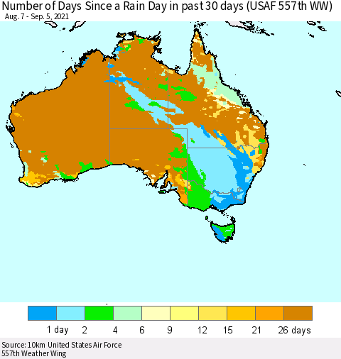 Australia Number of Days Since a Rain Day in past 30 days (USAF 557th WW) Thematic Map For 9/1/2021 - 9/5/2021