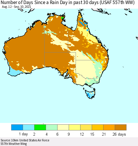 Australia Number of Days Since a Rain Day in past 30 days (USAF 557th WW) Thematic Map For 9/6/2021 - 9/10/2021
