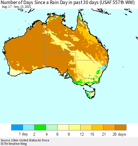 Australia Number of Days Since a Rain Day in past 30 days (USAF 557th WW) Thematic Map For 9/11/2021 - 9/15/2021