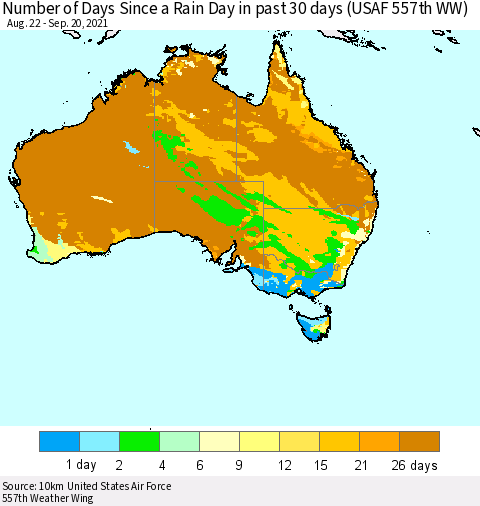 Australia Number of Days Since a Rain Day in past 30 days (USAF 557th WW) Thematic Map For 9/16/2021 - 9/20/2021