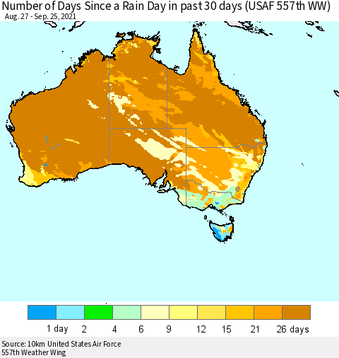 Australia Number of Days Since a Rain Day in past 30 days (USAF 557th WW) Thematic Map For 9/21/2021 - 9/25/2021