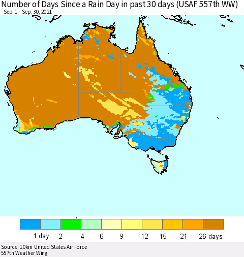 Australia Number of Days Since a Rain Day in past 30 days (USAF 557th WW) Thematic Map For 9/26/2021 - 9/30/2021