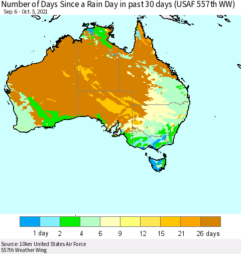 Australia Number of Days Since a Rain Day in past 30 days (USAF 557th WW) Thematic Map For 10/1/2021 - 10/5/2021
