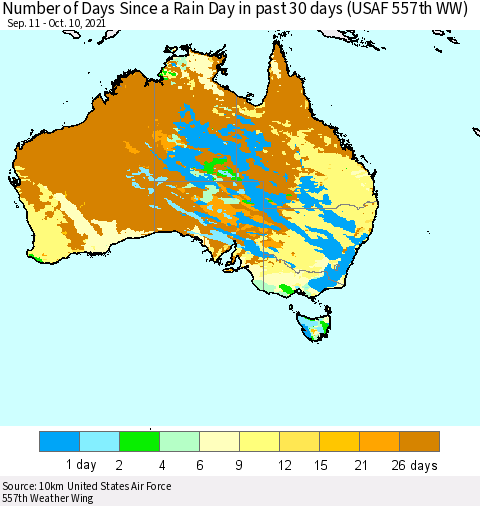 Australia Number of Days Since a Rain Day in past 30 days (USAF 557th WW) Thematic Map For 10/6/2021 - 10/10/2021