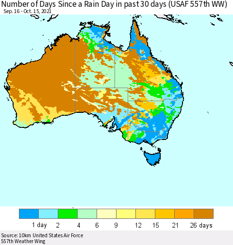 Australia Number of Days Since a Rain Day in past 30 days (USAF 557th WW) Thematic Map For 10/11/2021 - 10/15/2021