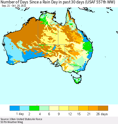 Australia Number of Days Since a Rain Day in past 30 days (USAF 557th WW) Thematic Map For 10/16/2021 - 10/20/2021