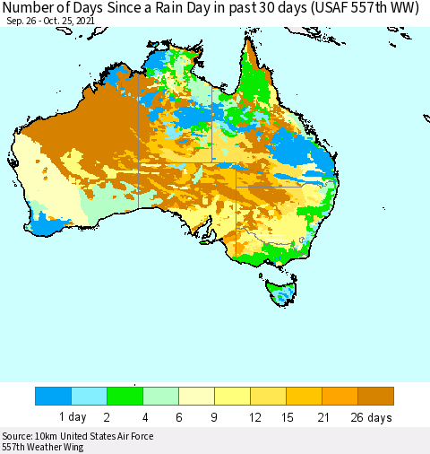 Australia Number of Days Since a Rain Day in past 30 days (USAF 557th WW) Thematic Map For 10/21/2021 - 10/25/2021
