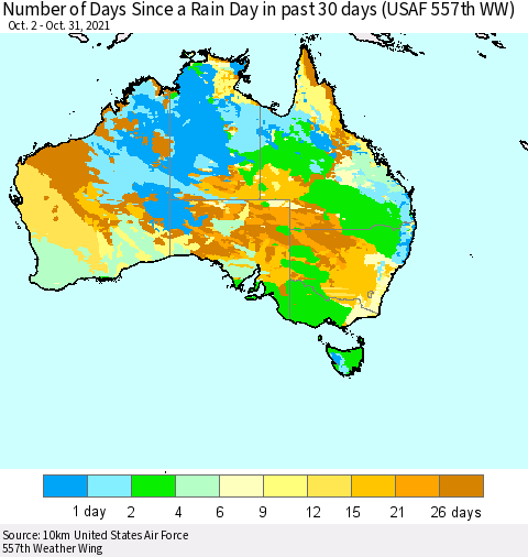 Australia Number of Days Since a Rain Day in past 30 days (USAF 557th WW) Thematic Map For 10/26/2021 - 10/31/2021