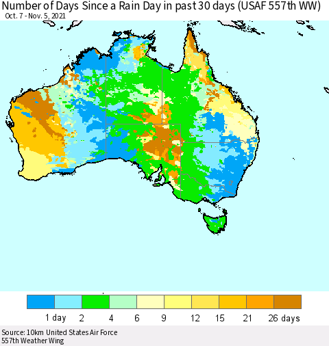 Australia Number of Days Since a Rain Day in past 30 days (USAF 557th WW) Thematic Map For 11/1/2021 - 11/5/2021