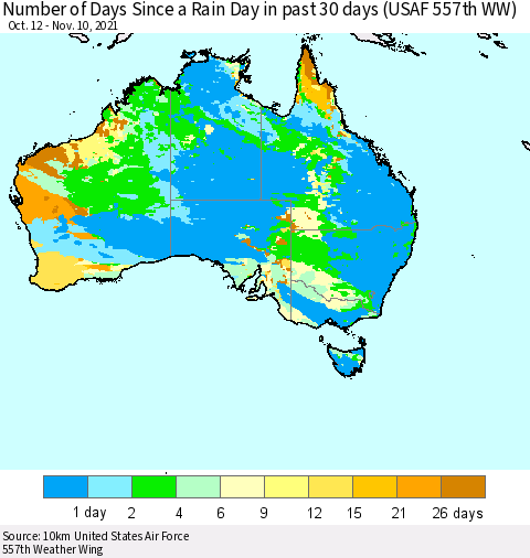 Australia Number of Days Since a Rain Day in past 30 days (USAF 557th WW) Thematic Map For 11/6/2021 - 11/10/2021