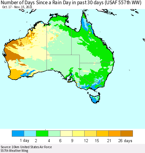 Australia Number of Days Since a Rain Day in past 30 days (USAF 557th WW) Thematic Map For 11/11/2021 - 11/15/2021