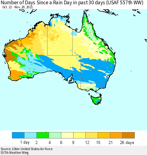 Australia Number of Days Since a Rain Day in past 30 days (USAF 557th WW) Thematic Map For 11/16/2021 - 11/20/2021
