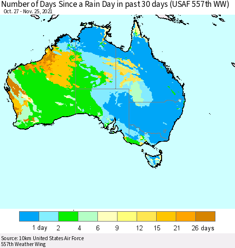 Australia Number of Days Since a Rain Day in past 30 days (USAF 557th WW) Thematic Map For 11/21/2021 - 11/25/2021