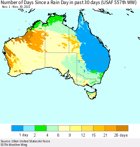 Australia Number of Days Since a Rain Day in past 30 days (USAF 557th WW) Thematic Map For 11/26/2021 - 11/30/2021