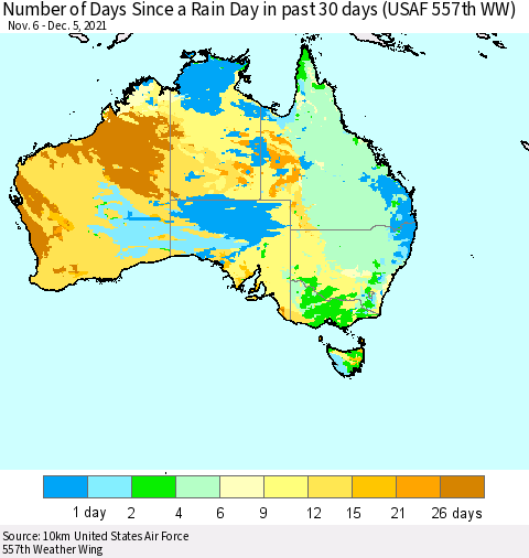Australia Number of Days Since a Rain Day in past 30 days (USAF 557th WW) Thematic Map For 12/1/2021 - 12/5/2021