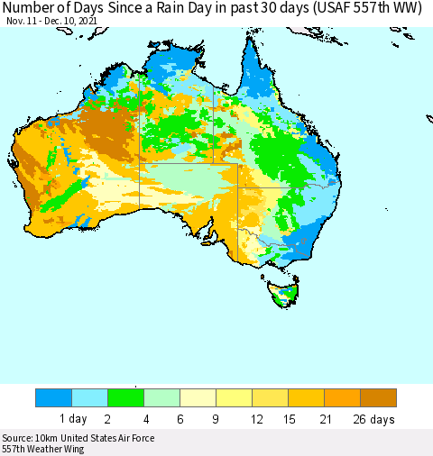 Australia Number of Days Since a Rain Day in past 30 days (USAF 557th WW) Thematic Map For 12/6/2021 - 12/10/2021