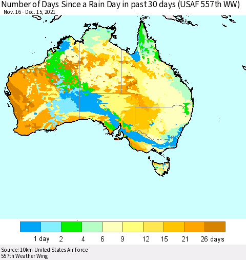 Australia Number of Days Since a Rain Day in past 30 days (USAF 557th WW) Thematic Map For 12/11/2021 - 12/15/2021