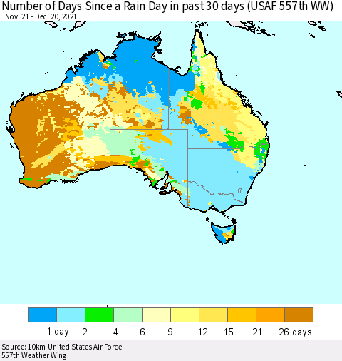 Australia Number of Days Since a Rain Day in past 30 days (USAF 557th WW) Thematic Map For 12/16/2021 - 12/20/2021