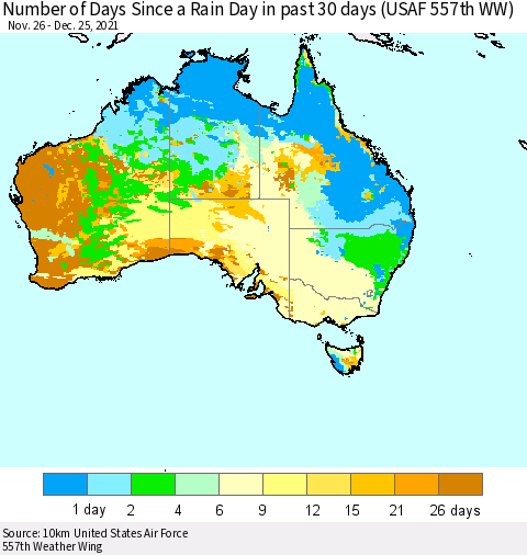 Australia Number of Days Since a Rain Day in past 30 days (USAF 557th WW) Thematic Map For 12/21/2021 - 12/25/2021