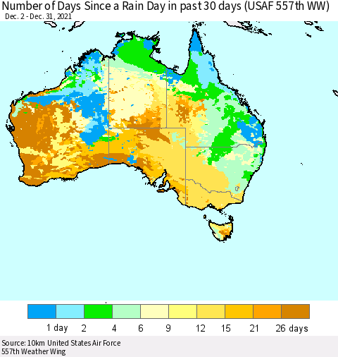 Australia Number of Days Since a Rain Day in past 30 days (USAF 557th WW) Thematic Map For 12/26/2021 - 12/31/2021