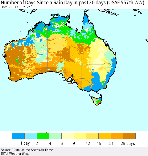 Australia Number of Days Since a Rain Day in past 30 days (USAF 557th WW) Thematic Map For 1/1/2022 - 1/5/2022