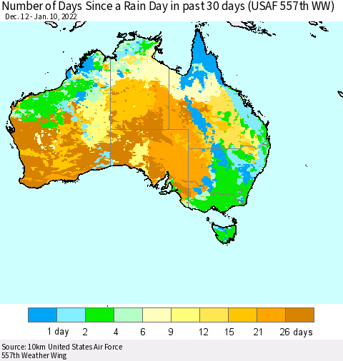 Australia Number of Days Since a Rain Day in past 30 days (USAF 557th WW) Thematic Map For 1/6/2022 - 1/10/2022