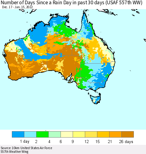Australia Number of Days Since a Rain Day in past 30 days (USAF 557th WW) Thematic Map For 1/11/2022 - 1/15/2022