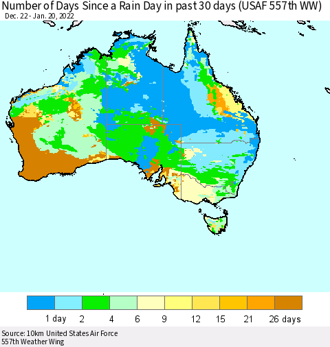 Australia Number of Days Since a Rain Day in past 30 days (USAF 557th WW) Thematic Map For 1/16/2022 - 1/20/2022