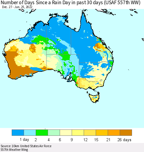 Australia Number of Days Since a Rain Day in past 30 days (USAF 557th WW) Thematic Map For 1/21/2022 - 1/25/2022