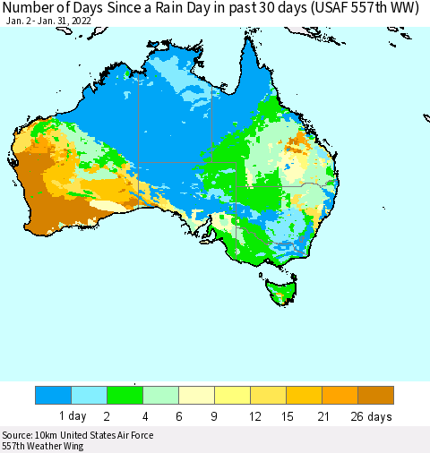 Australia Number of Days Since a Rain Day in past 30 days (USAF 557th WW) Thematic Map For 1/26/2022 - 1/31/2022