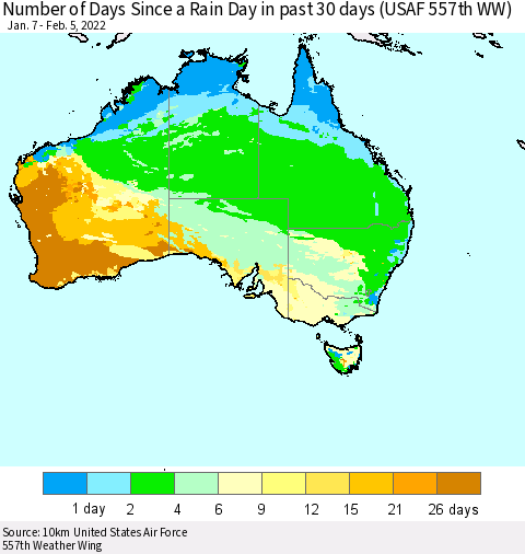 Australia Number of Days Since a Rain Day in past 30 days (USAF 557th WW) Thematic Map For 2/1/2022 - 2/5/2022