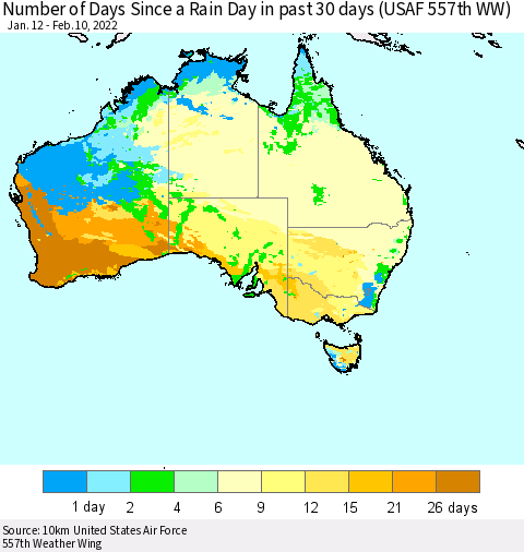 Australia Number of Days Since a Rain Day in past 30 days (USAF 557th WW) Thematic Map For 2/6/2022 - 2/10/2022