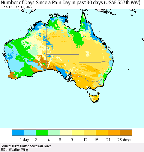 Australia Number of Days Since a Rain Day in past 30 days (USAF 557th WW) Thematic Map For 2/11/2022 - 2/15/2022