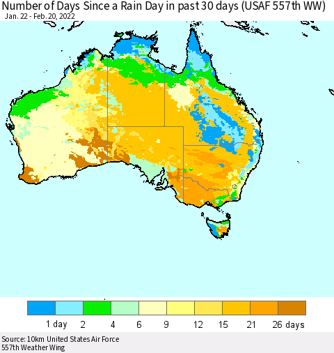 Australia Number of Days Since a Rain Day in past 30 days (USAF 557th WW) Thematic Map For 2/16/2022 - 2/20/2022