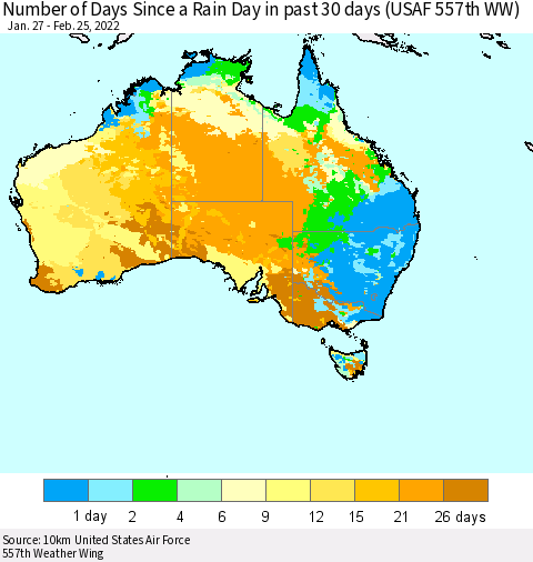 Australia Number of Days Since a Rain Day in past 30 days (USAF 557th WW) Thematic Map For 2/21/2022 - 2/25/2022