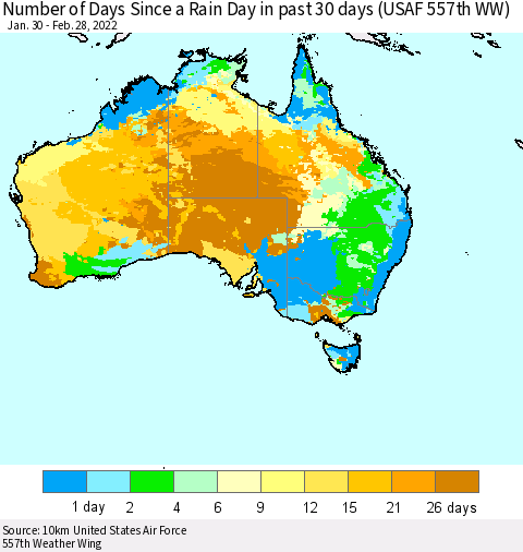 Australia Number of Days Since a Rain Day in past 30 days (USAF 557th WW) Thematic Map For 2/26/2022 - 2/28/2022