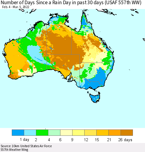 Australia Number of Days Since a Rain Day in past 30 days (USAF 557th WW) Thematic Map For 3/1/2022 - 3/5/2022