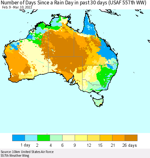 Australia Number of Days Since a Rain Day in past 30 days (USAF 557th WW) Thematic Map For 3/6/2022 - 3/10/2022
