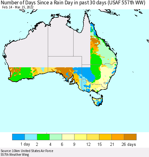 Australia Number of Days Since a Rain Day in past 30 days (USAF 557th WW) Thematic Map For 3/11/2022 - 3/15/2022