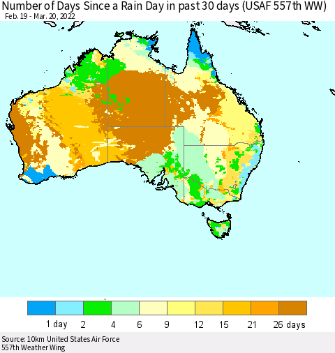 Australia Number of Days Since a Rain Day in past 30 days (USAF 557th WW) Thematic Map For 3/16/2022 - 3/20/2022