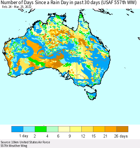 Australia Number of Days Since a Rain Day in past 30 days (USAF 557th WW) Thematic Map For 3/21/2022 - 3/25/2022