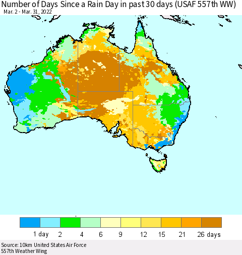Australia Number of Days Since a Rain Day in past 30 days (USAF 557th WW) Thematic Map For 3/26/2022 - 3/31/2022