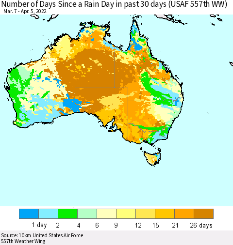 Australia Number of Days Since a Rain Day in past 30 days (USAF 557th WW) Thematic Map For 4/1/2022 - 4/5/2022